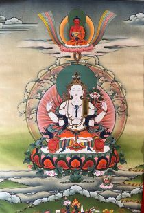 Four-armed Avalokitesvara (printed thangka with cloth frame)