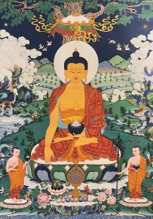 Sakyamuni (printed thangka with cloth frame)