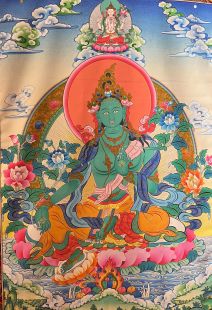 Green Tara (printed thangka in cloth frame)