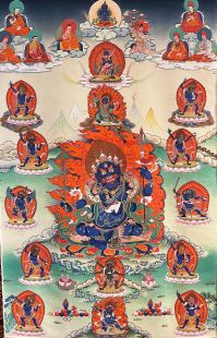 Four-armed Mahakala (printed thangka on cloth frame)